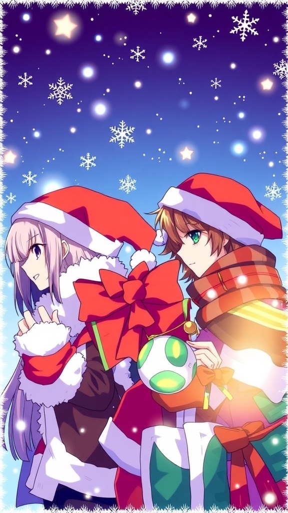 Christmas Themed Kimetsu no Yaiba Profile Picture Christmas themed profile picture of Kimetsu no Yaiba characters in festive attire with snowflakes and lights.
